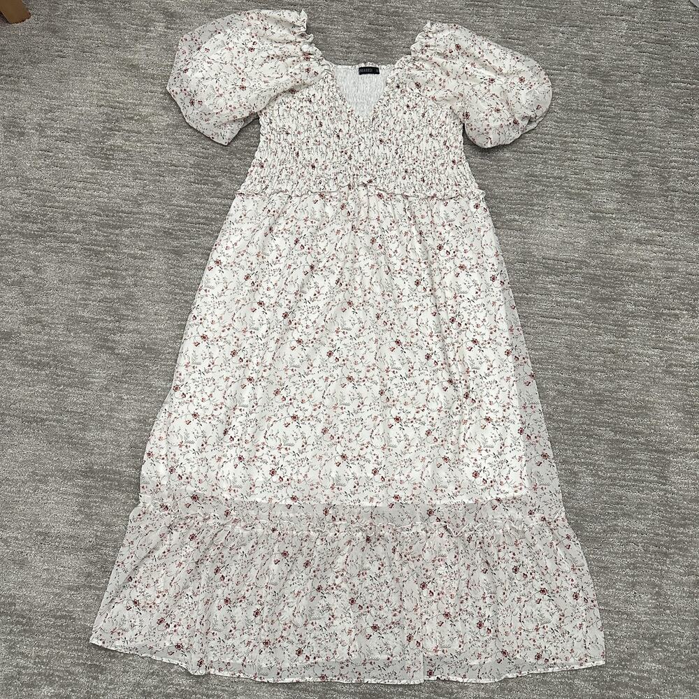 Mikarose Dress Womens XL White Floral Smocked Maxi Puff Sleeve Boho Cottagecore